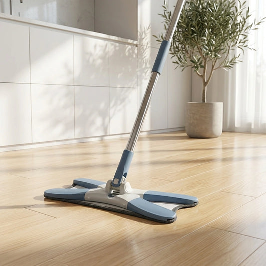 Adjustable flat mop with 360° swivel head, gray-blue handle and pads