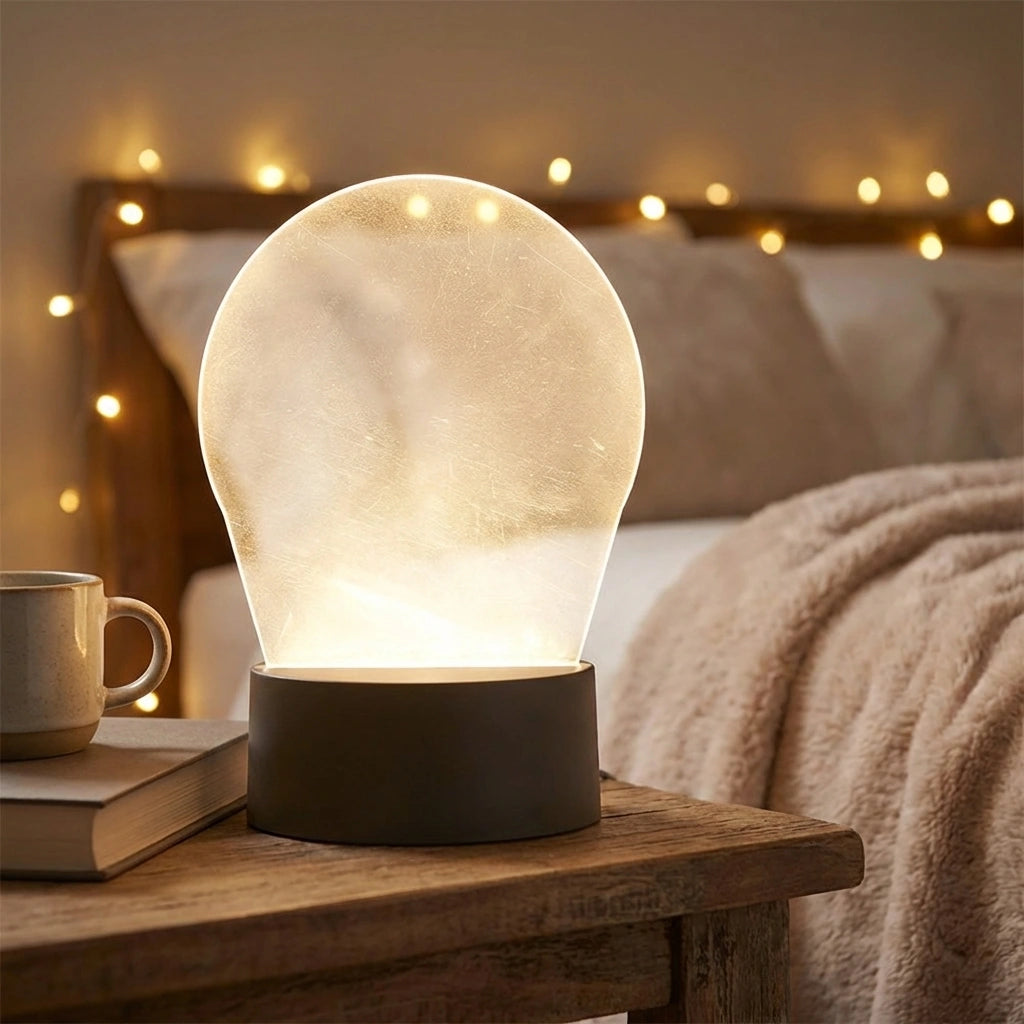 LED name night light with round glass globe and black base