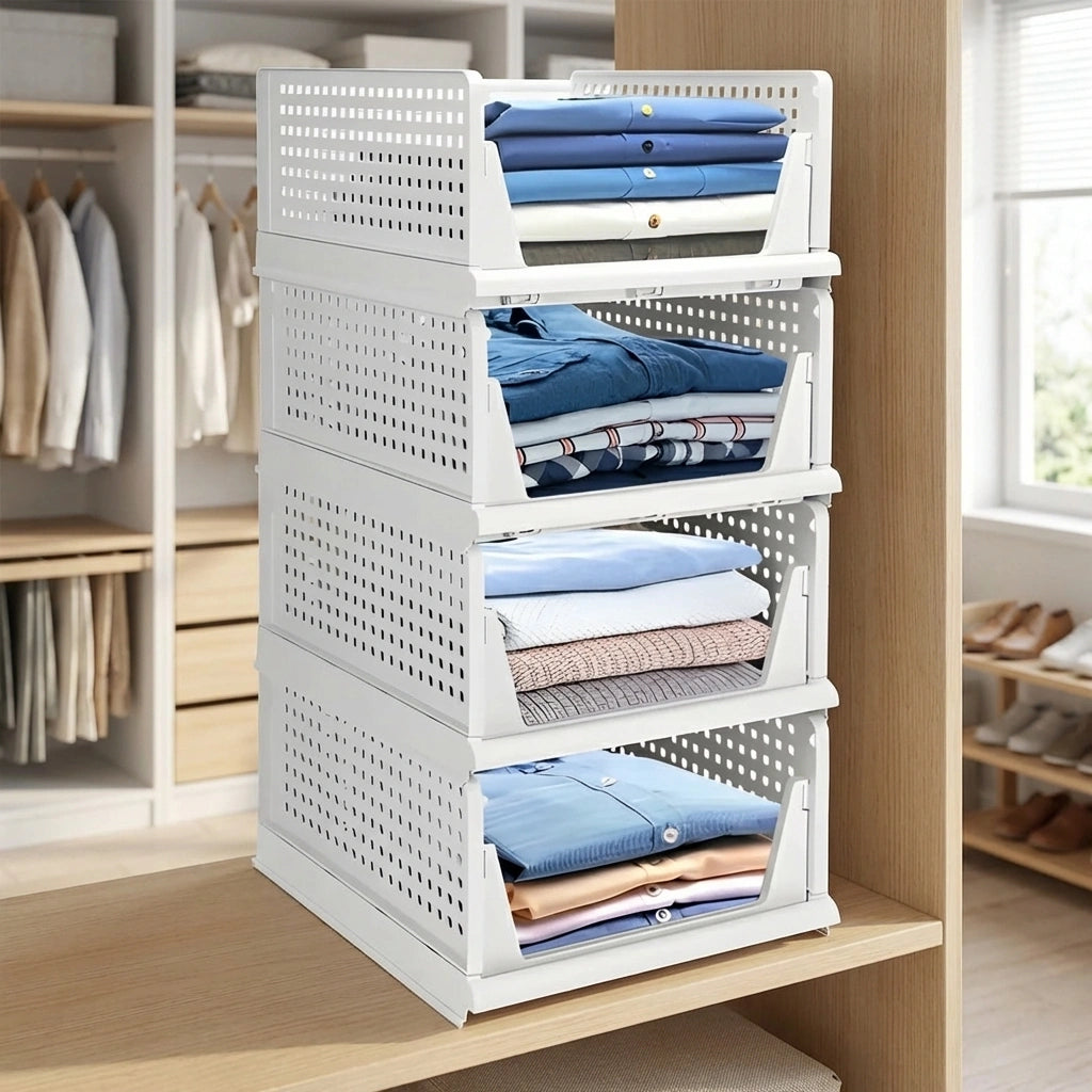 White perforated stackable closet storage drawers, open front with stacked fabric