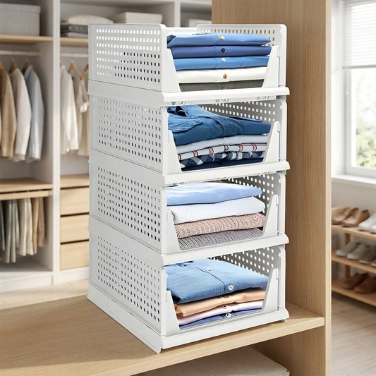 White perforated stackable closet storage drawers, open front with stacked fabric