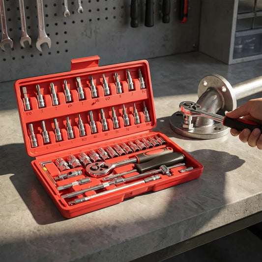 Ratchet wrench socket set in red case with assorted socket bits and ratchet wrench