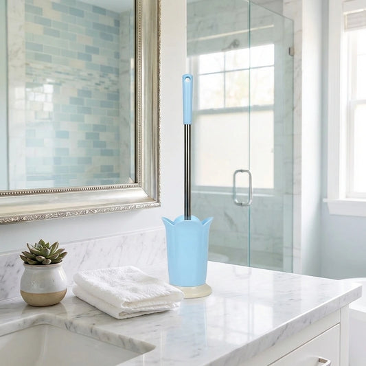 Odor-free toilet brush set with light blue brush and holder