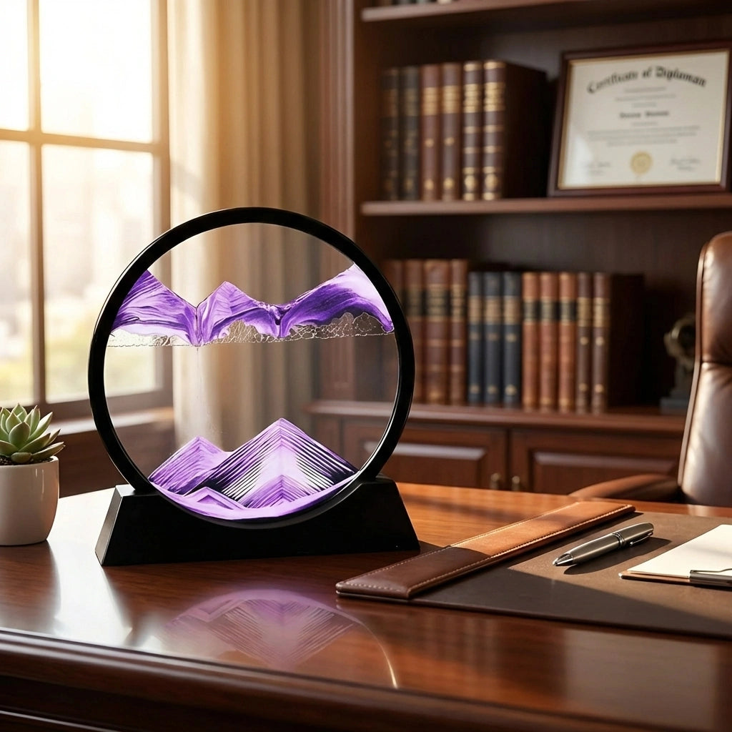 Circular moving sand art decor with purple layered sand zigzags in black frame
