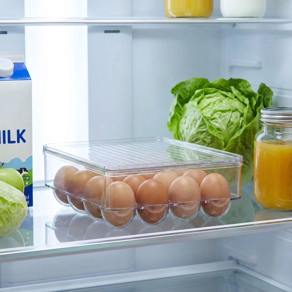 Clear refrigerator egg storage box with 12 cavities, holding brown eggs in two rows
