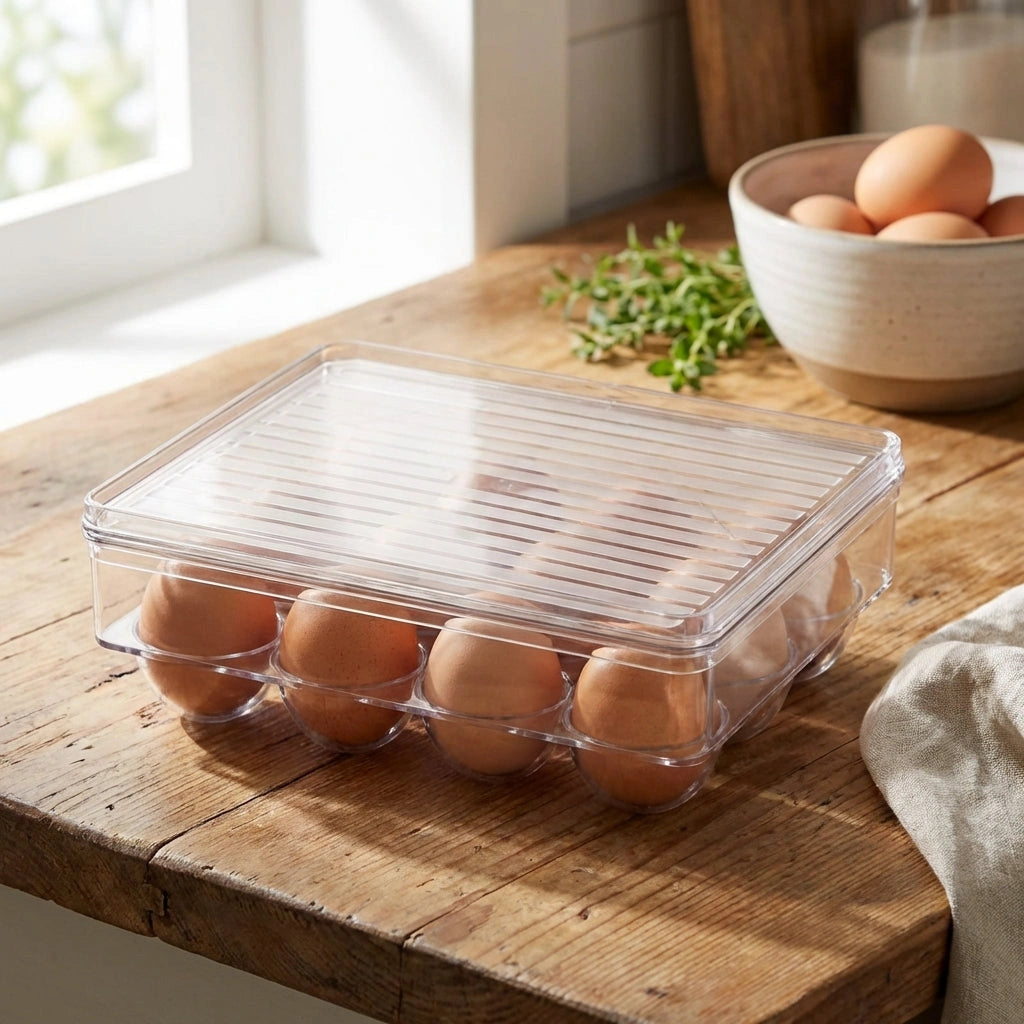 Clear 12-cavity egg box with vented top, holding brown eggs on tabletop