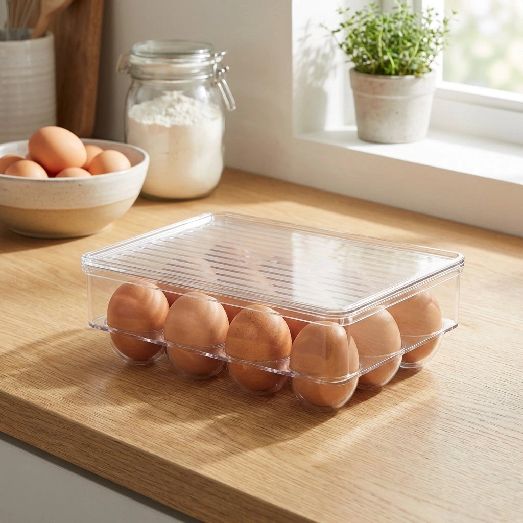 Clear egg storage container with 12 cavities and lid, filled with brown eggs