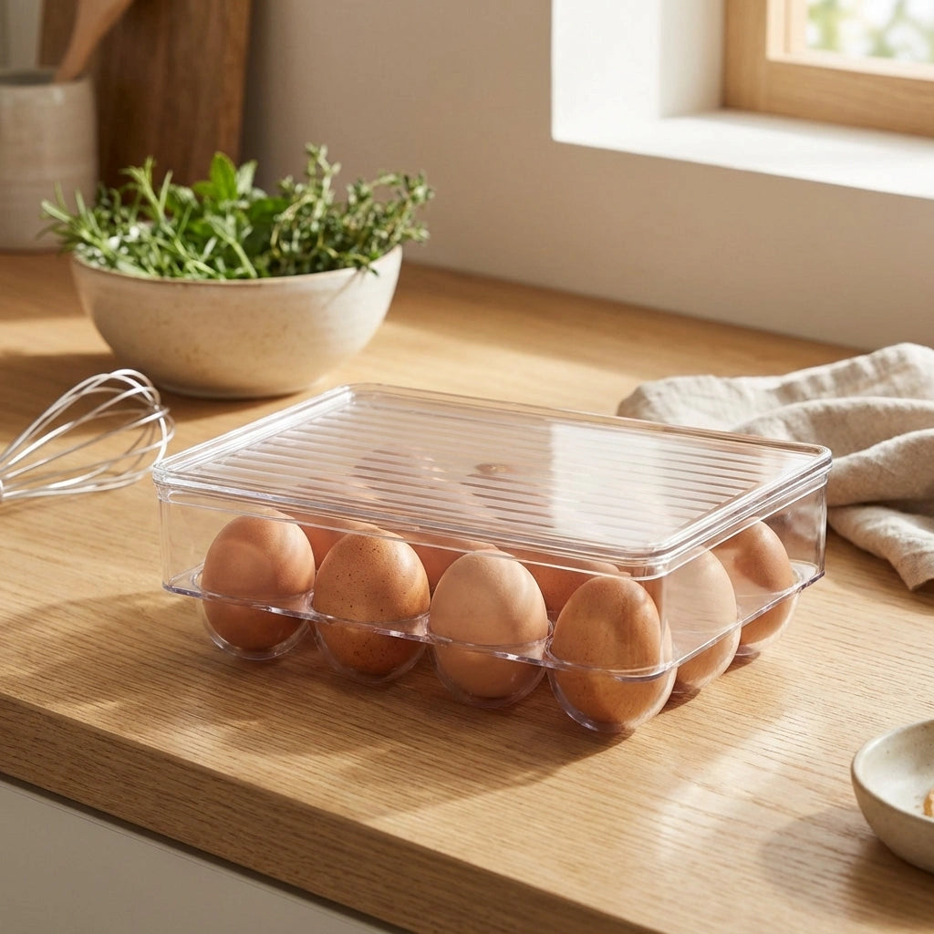 Clear 12-cavity egg organizer with lid, holding brown eggs on wooden counter