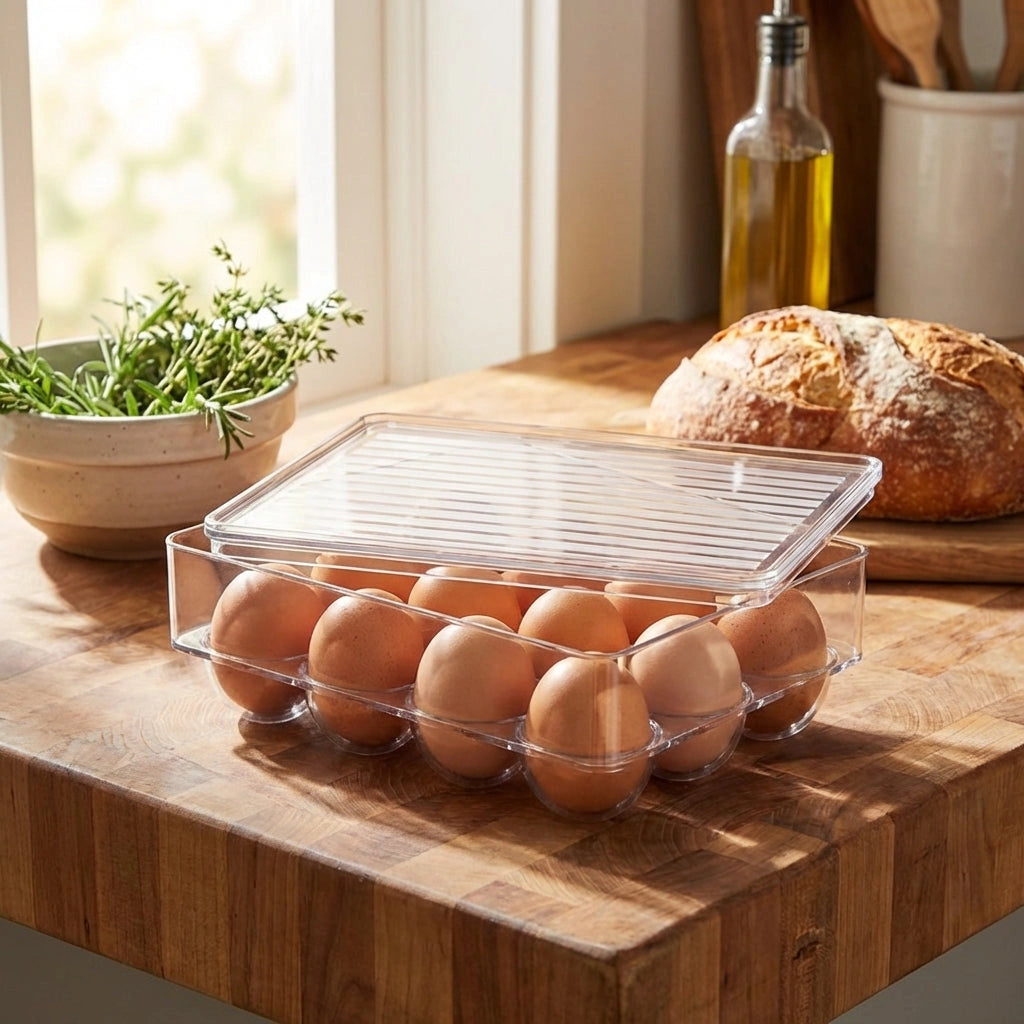 Clear 12-cavity egg box with lid, filled with brown eggs on kitchen counter