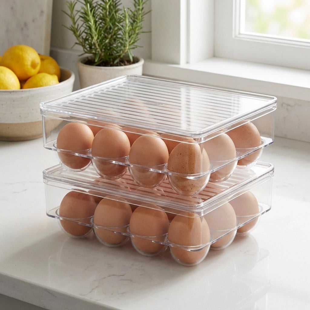Clear 12-cavity egg storage box with two-tier design, filled with brown eggs