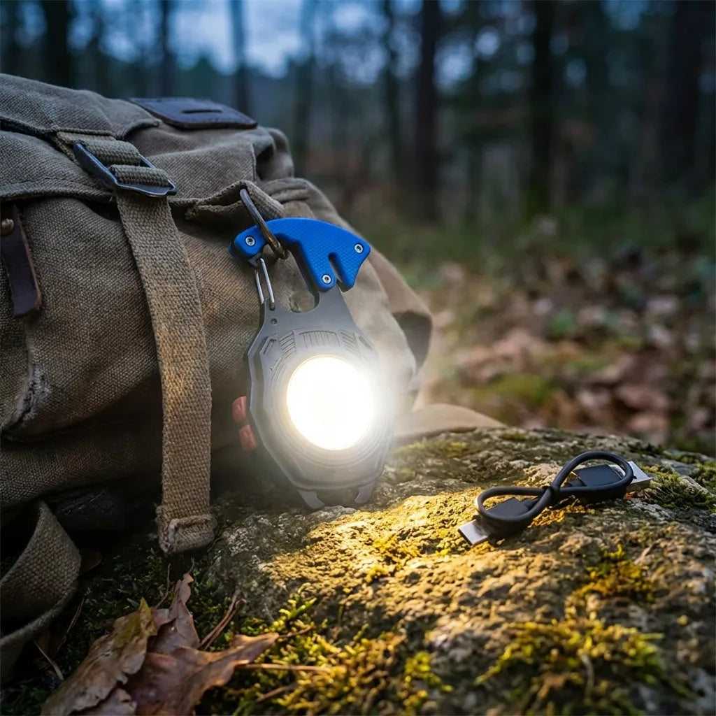 Rechargeable keychain flashlight with blue strap, lit white beam