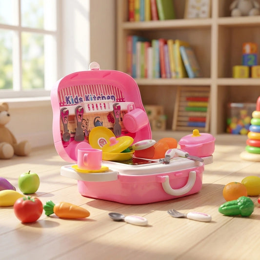 Pink kids kitchen pretend play set with counter and pretend food pieces