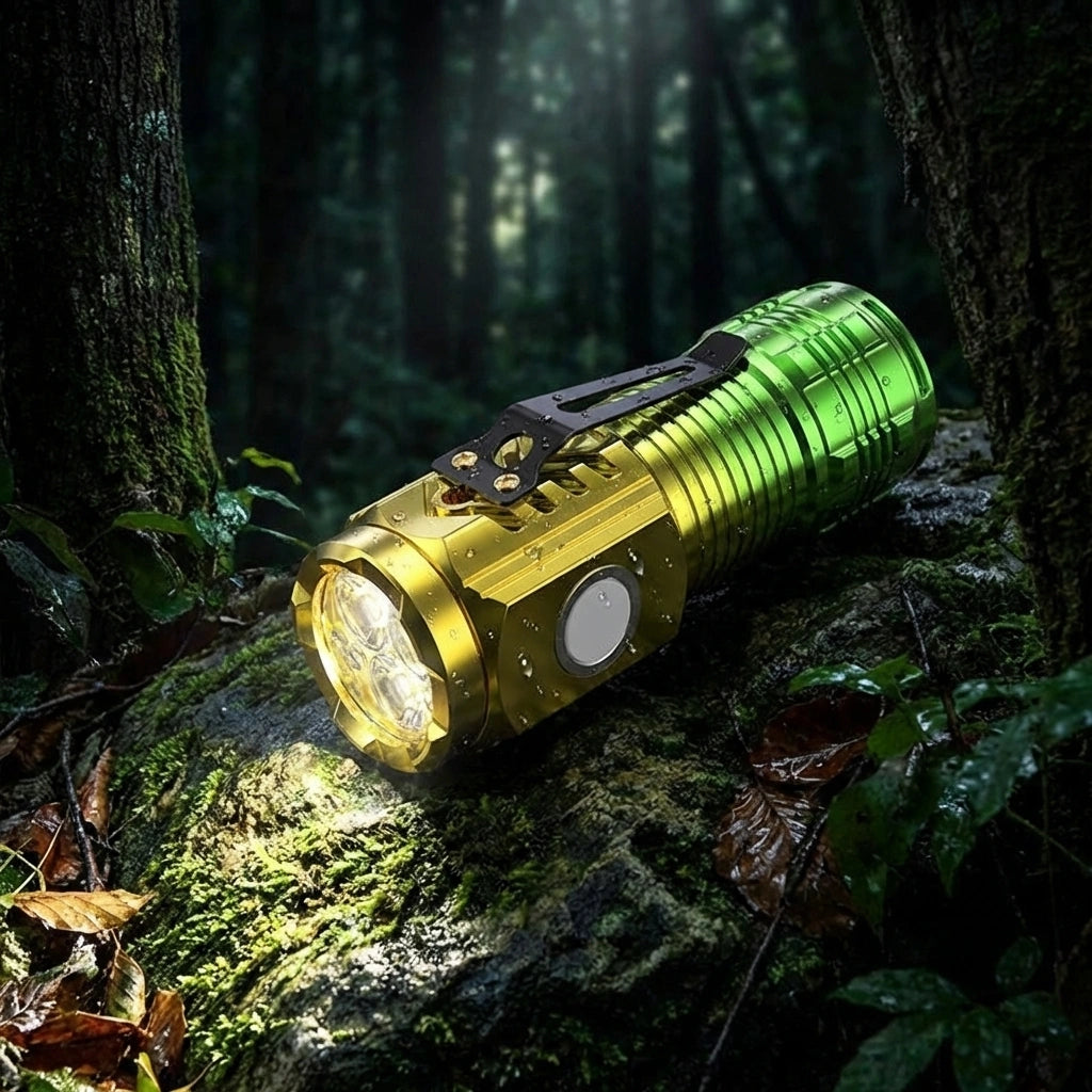 Green mini LED rechargeable flashlight with black control panel and front light head