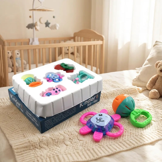 Baby activity rattle toy set with colorful cube, octopus ring rattle, and orange ball