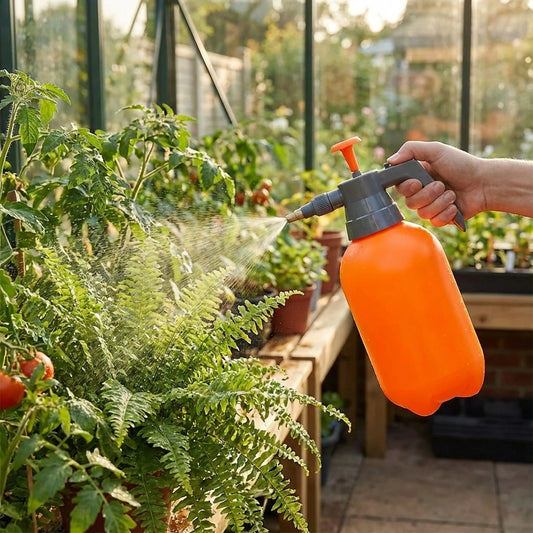 Orange pressure garden sprayer with adjustable nozzle and trigger