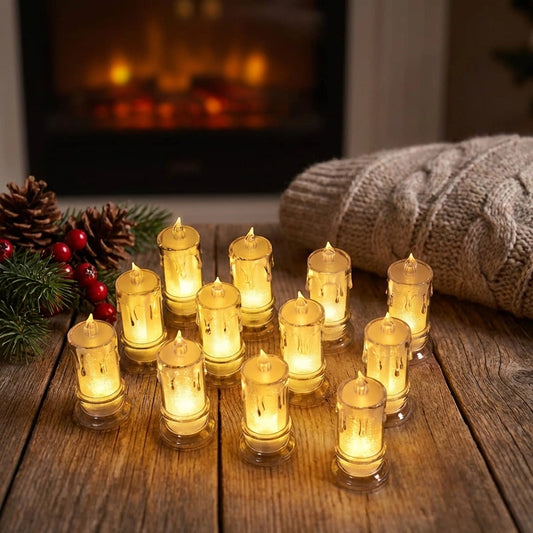Set of flameless LED candles, small jar-style holders, glowing yellow light