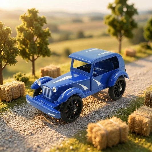 Vintage metal car model, blue classic coupe with black wheels and chrome grille.