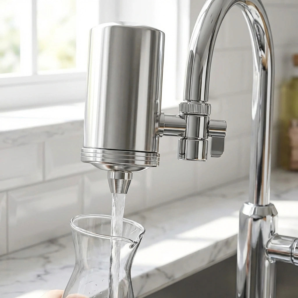 Stainless steel faucet water filter with cylindrical housing and water outlet