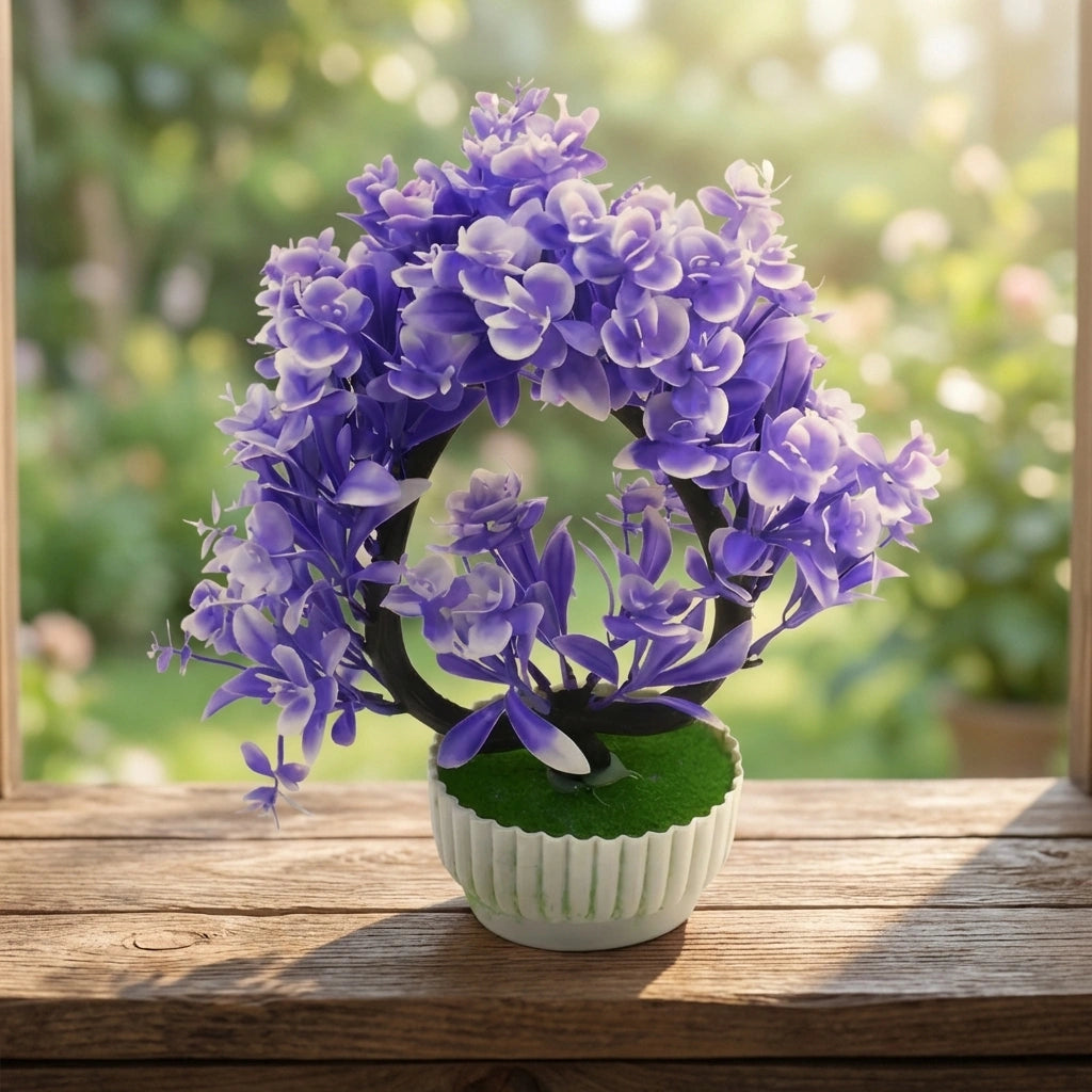 Purple decorative faux flowers in a ribbed pot