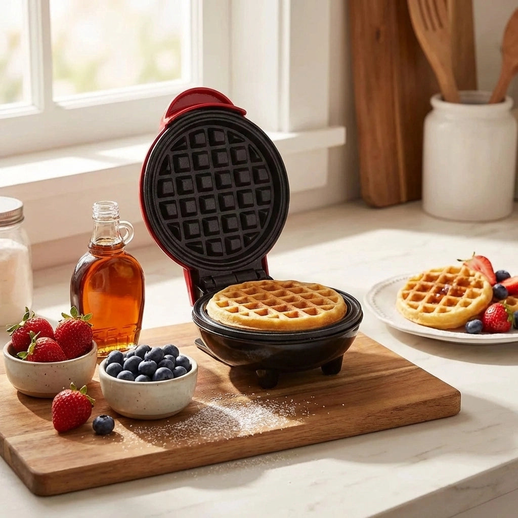 Mini non-stick waffle maker with lid open, showing round waffle grids