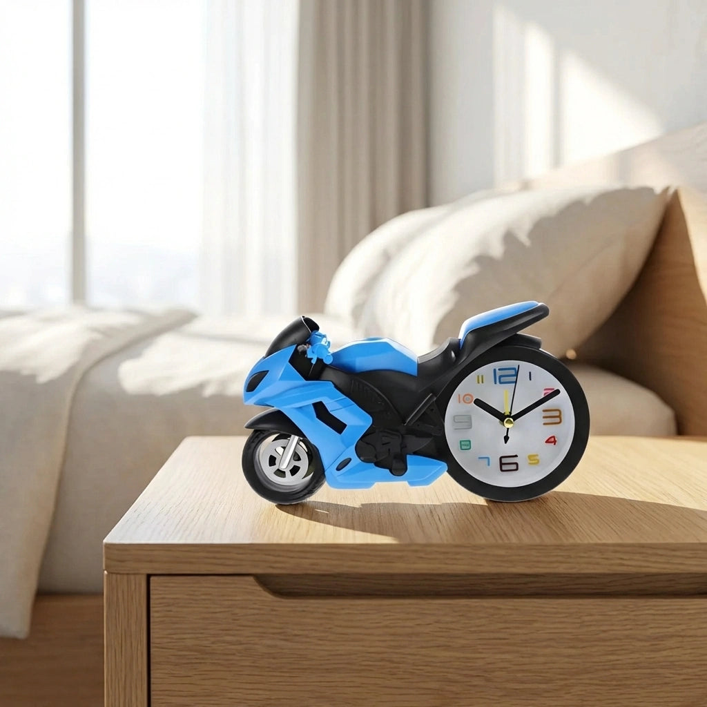Retro motorcycle novelty alarm clock with blue-and-black sidecar style and round dial