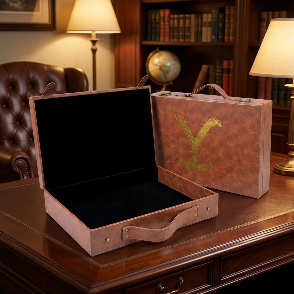 Brown leather medium carrying case, open top with black interior and front handle