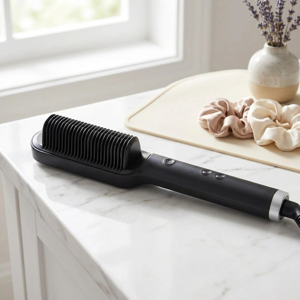 Black hair straightener with comb-like plates and control buttons.