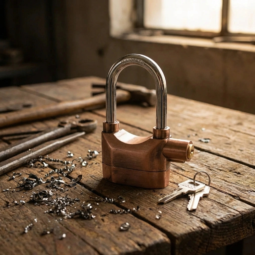 Security padlock with alarm, metal shackle and two keys on wooden surface