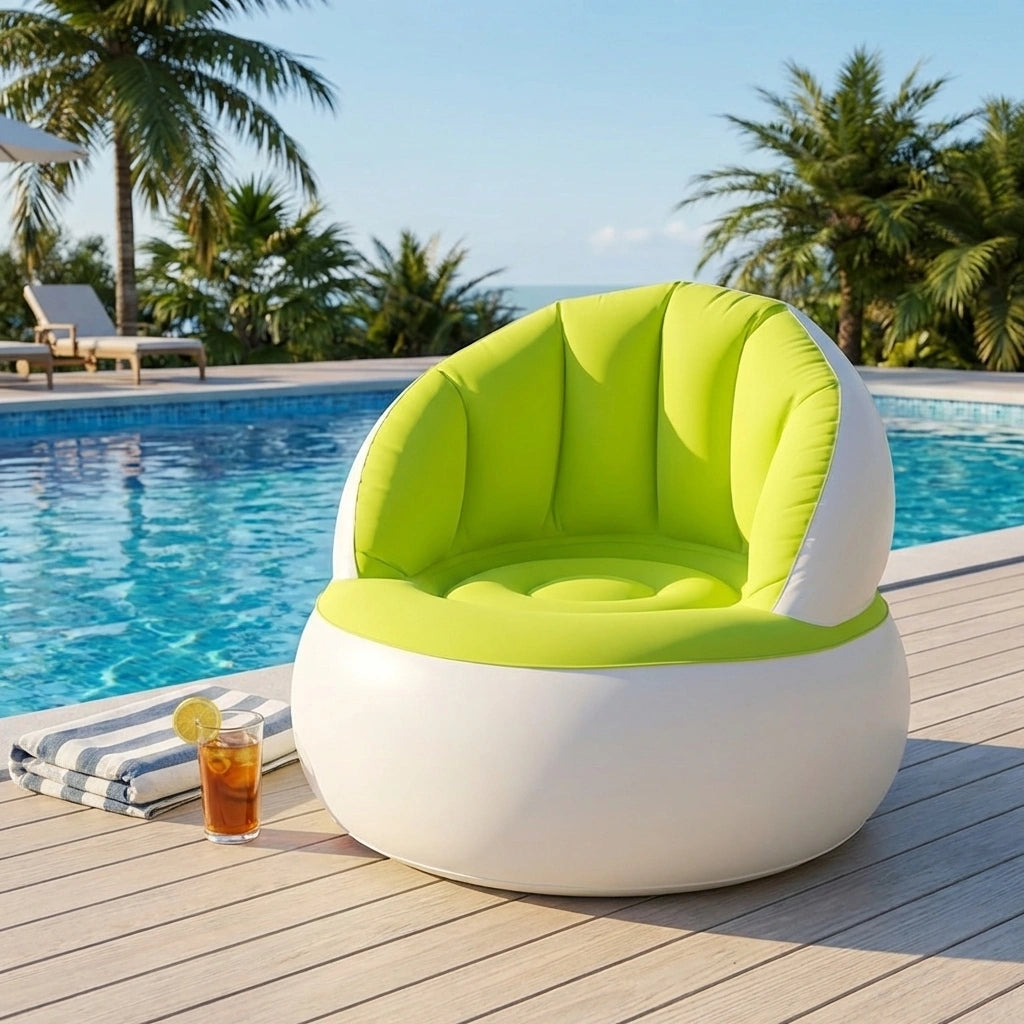 Inflatable kids sofa chair with lime green seat and white outer shell