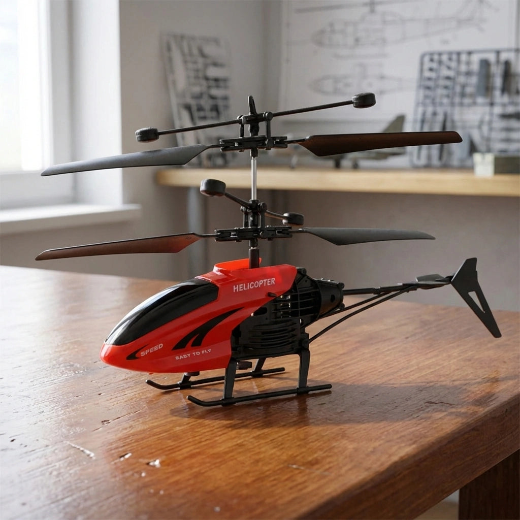 Red and black remote control helicopter with rotating main rotor and tail rotor