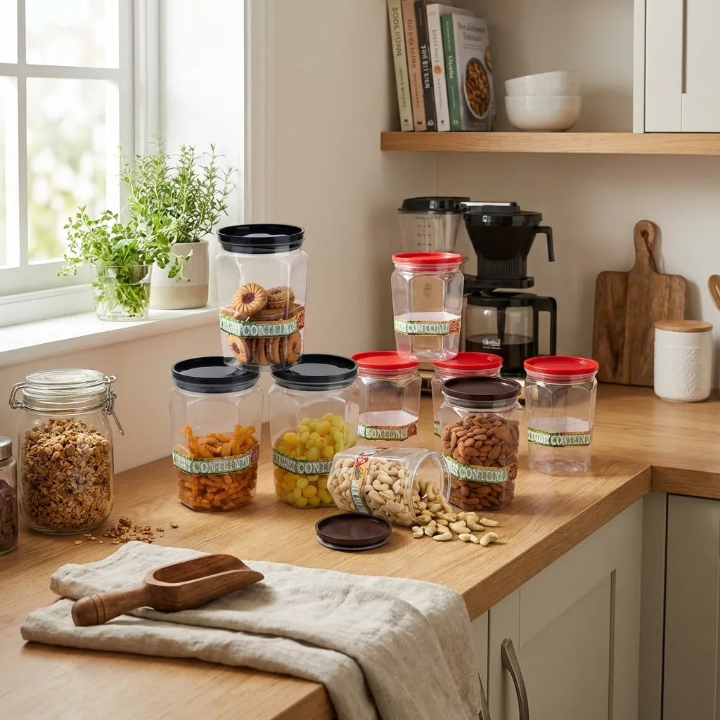 Set of 6 airtight glass storage jars with black lids