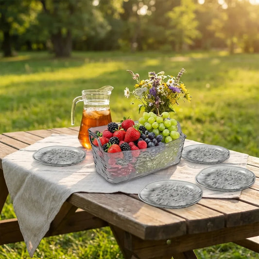 Plastic dinner plates in dark gray, set of five with textured rims