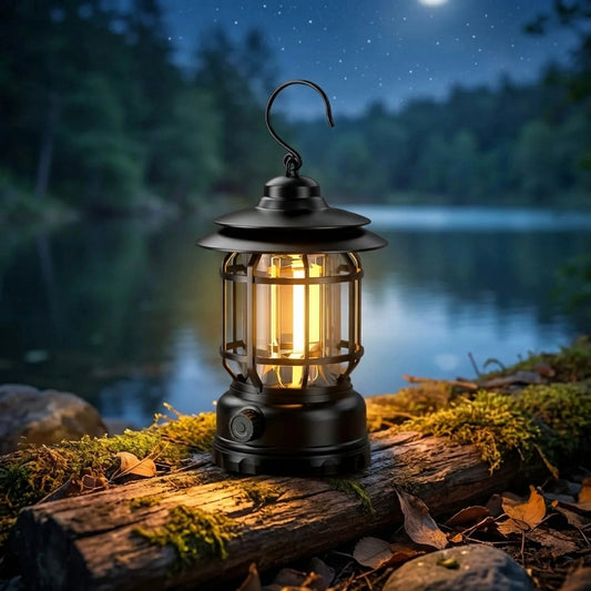 Retro camping lantern with black metal frame, glass sides, warm LED glow