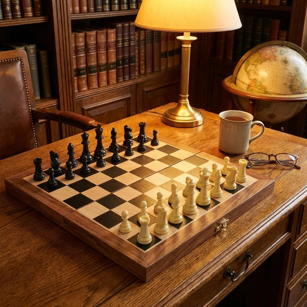 Folding wooden chess set with open board and black and white pieces