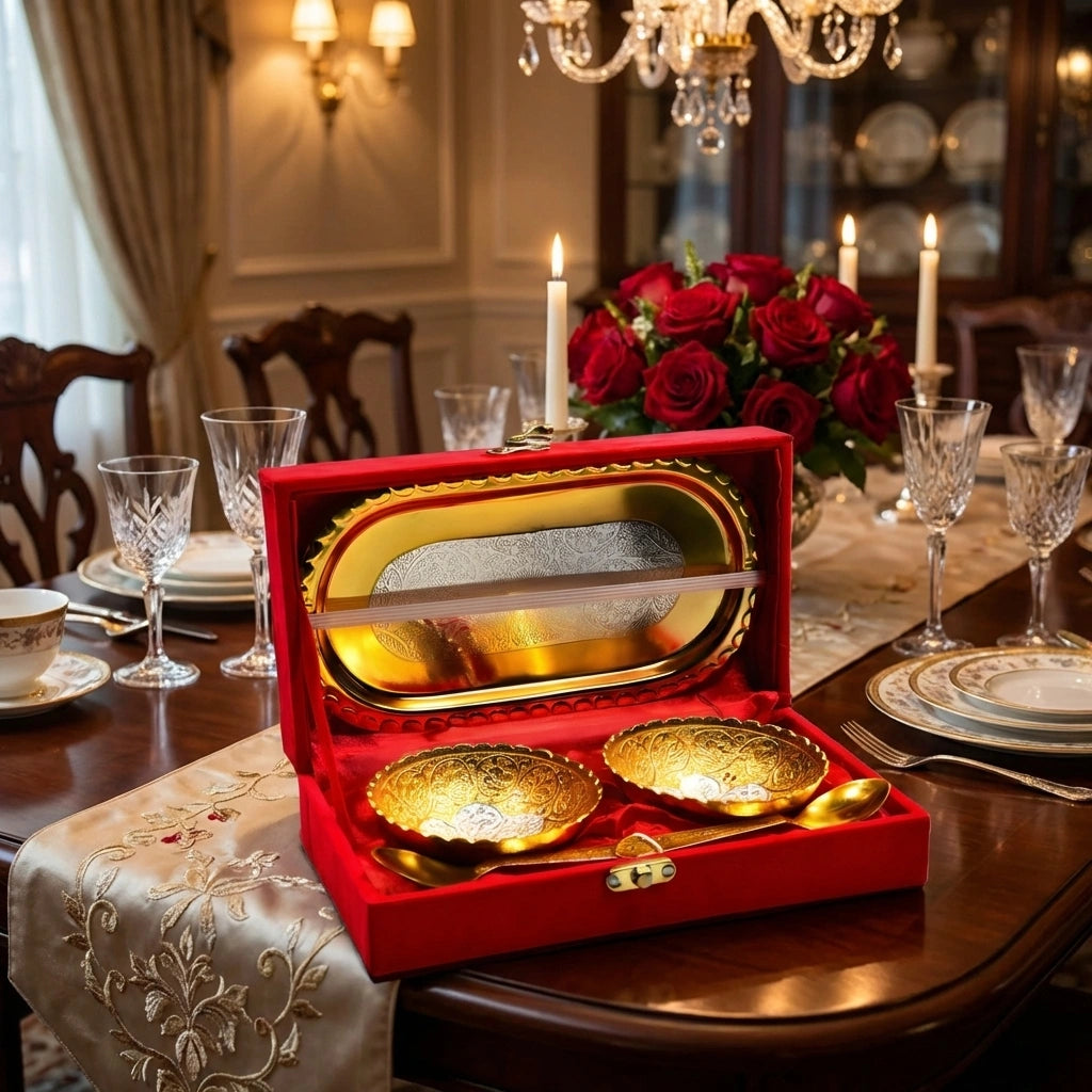 Plated bowl tray set in red case, gold-toned bowls and tray with molded insert