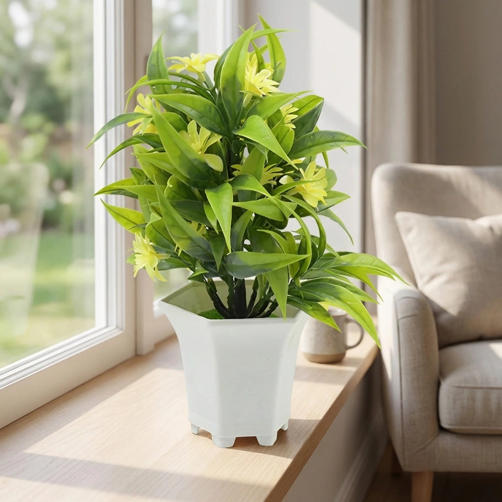 Artificial flower pot decor: green leafy plant in white square planter