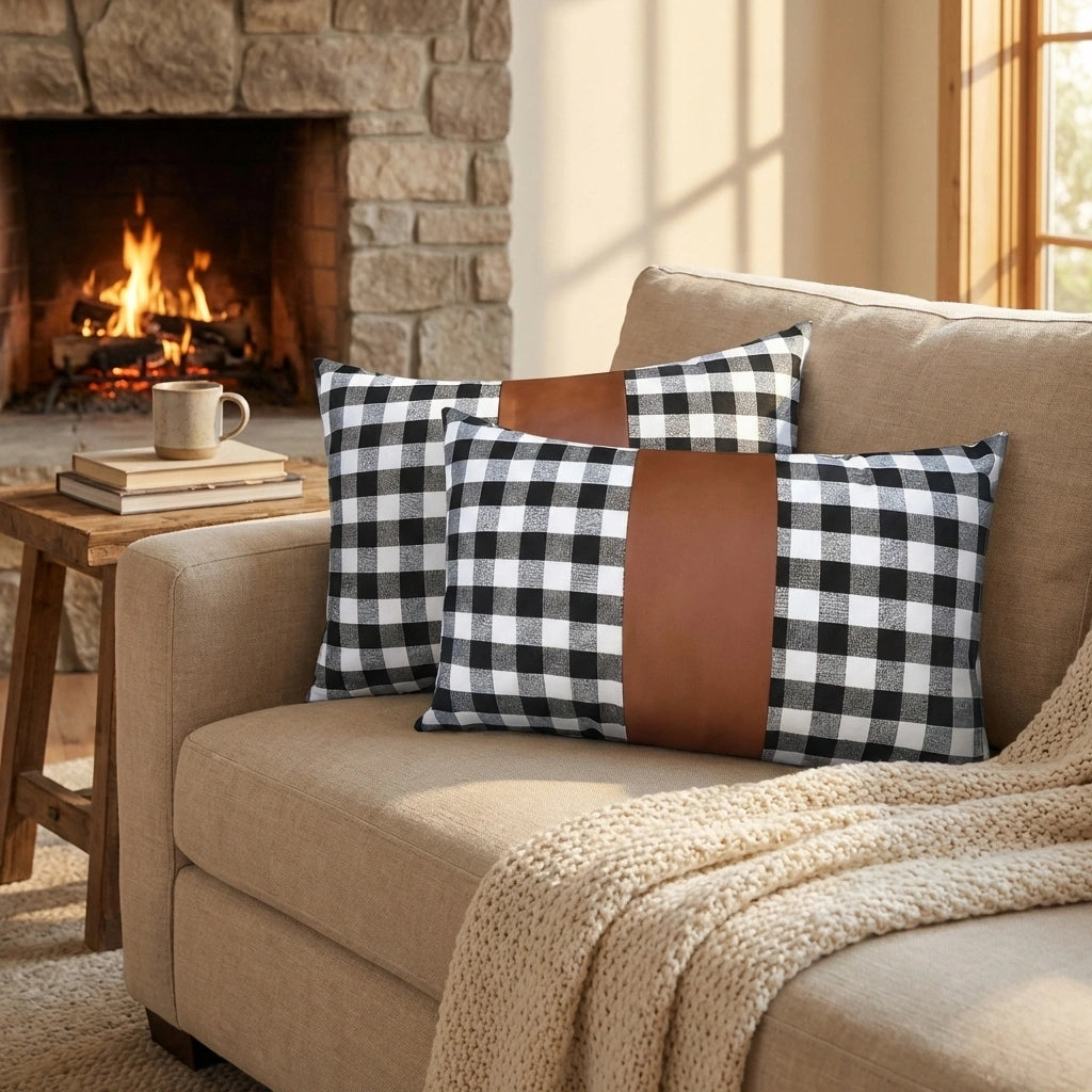Black and white check decorative pillow cover set, rectangular with stitched edges