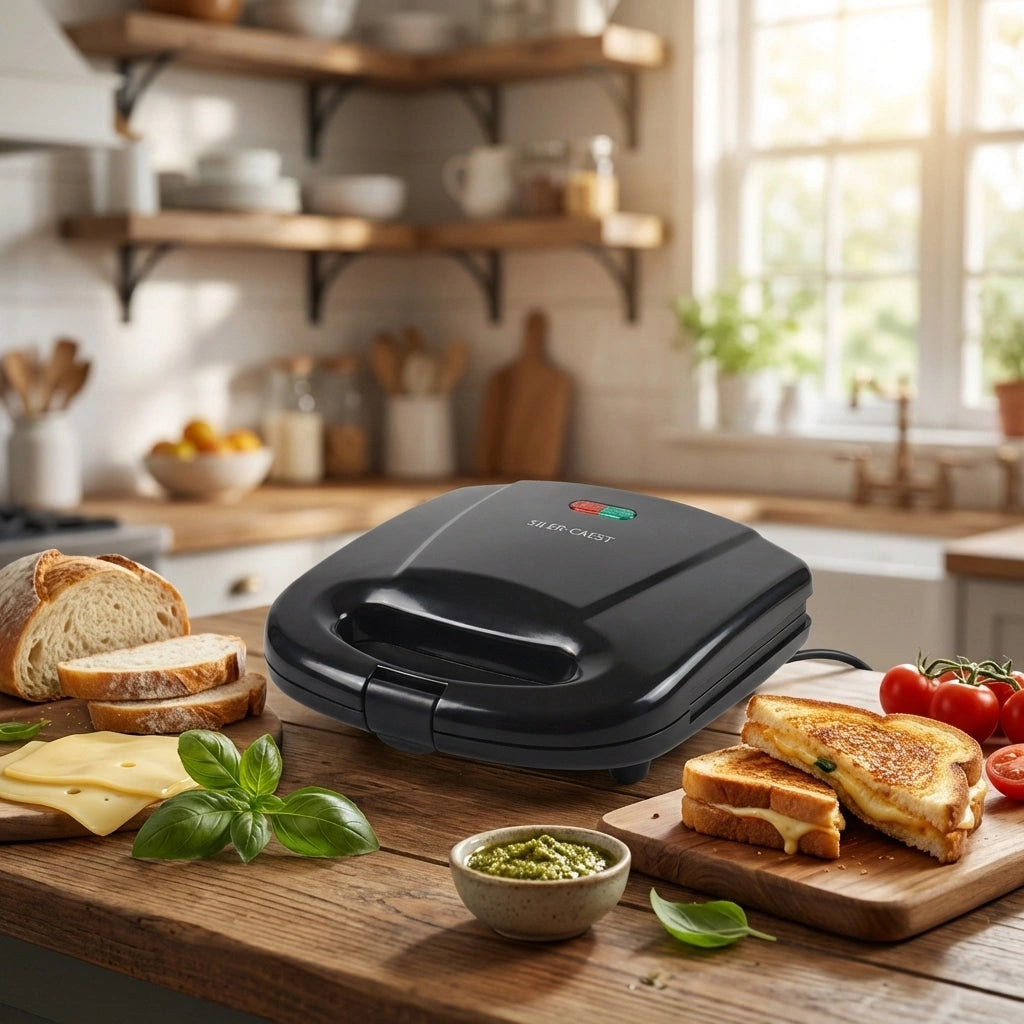 Square waffle maker with black nonstick plates and lid, indicator panel on top.