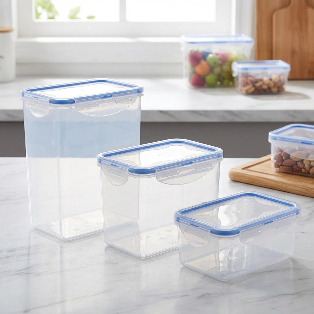 3-piece kitchen storage box set, clear plastic containers with blue snap lids