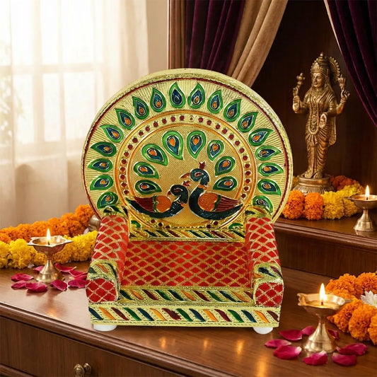 Meenakari work peacock design pooja mandir singhasan cushion with brass accents