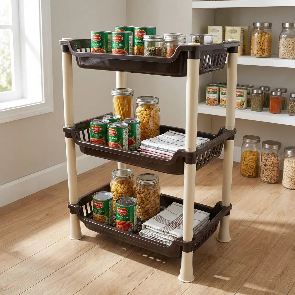 3-tier storage rack with dark shelves and white frame
