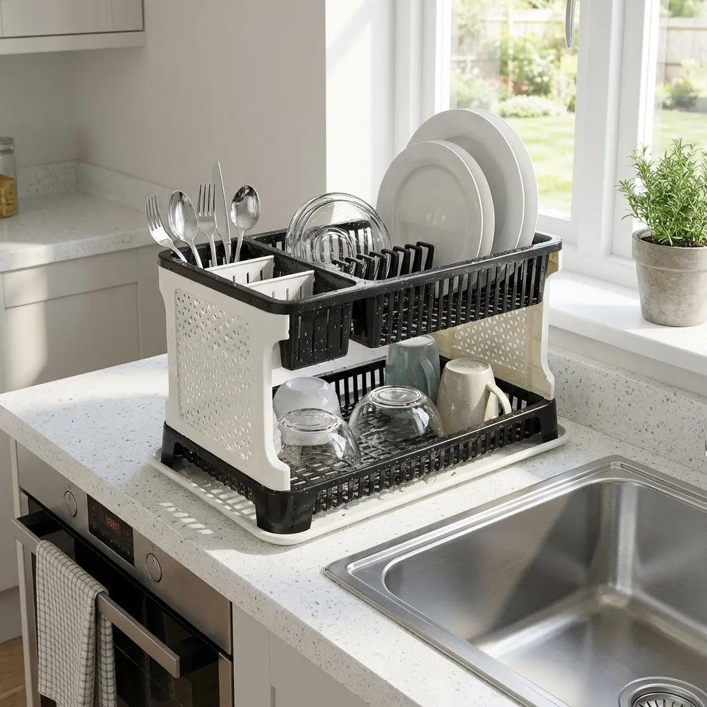 Black and white dish drying rack with drainboard for plates, bowls, and utensils