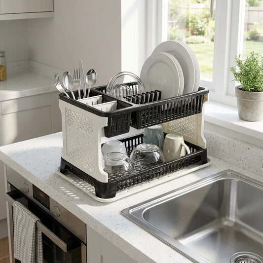 Black and white dish drying rack with drainboard for plates, bowls, and utensils