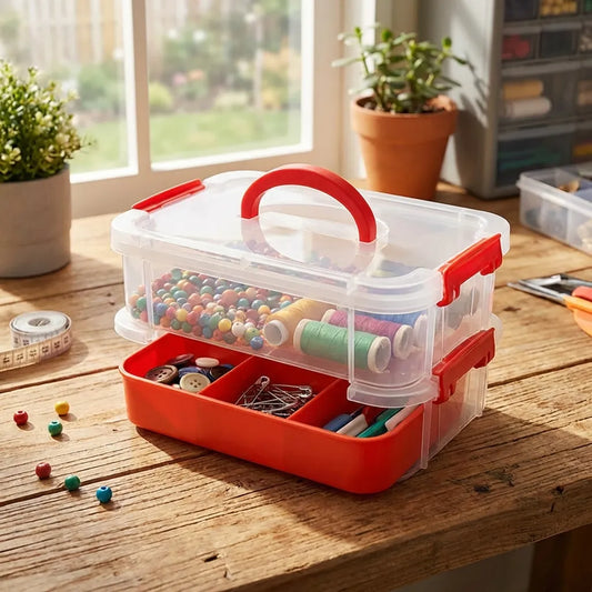 Multi-layer storage box with clear lid, red base, and split compartments
