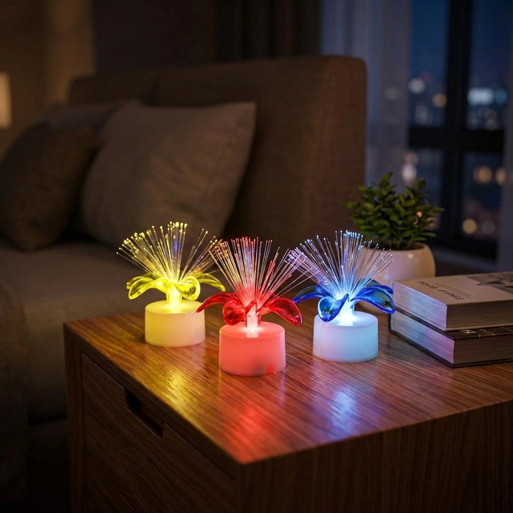 Fiber optic LED centerpiece candles with glowing multicolor light strands