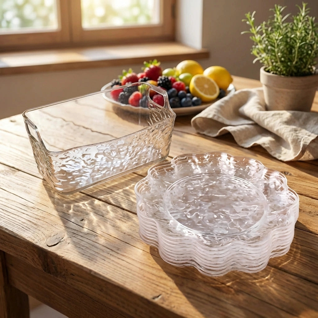 Clear plastic floral-pattern plates set, stacked round serving plates with raised texture