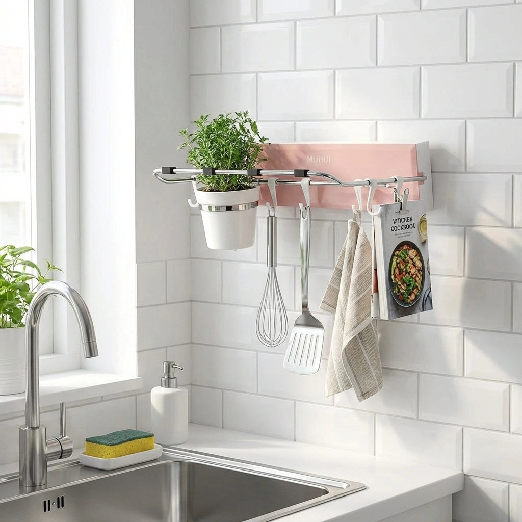Foldable adhesive storage rack with hooks for hanging kitchen utensils and towels