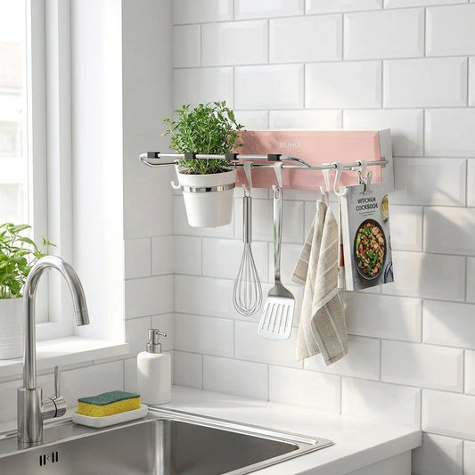Foldable adhesive storage rack with hooks for hanging kitchen utensils and towels