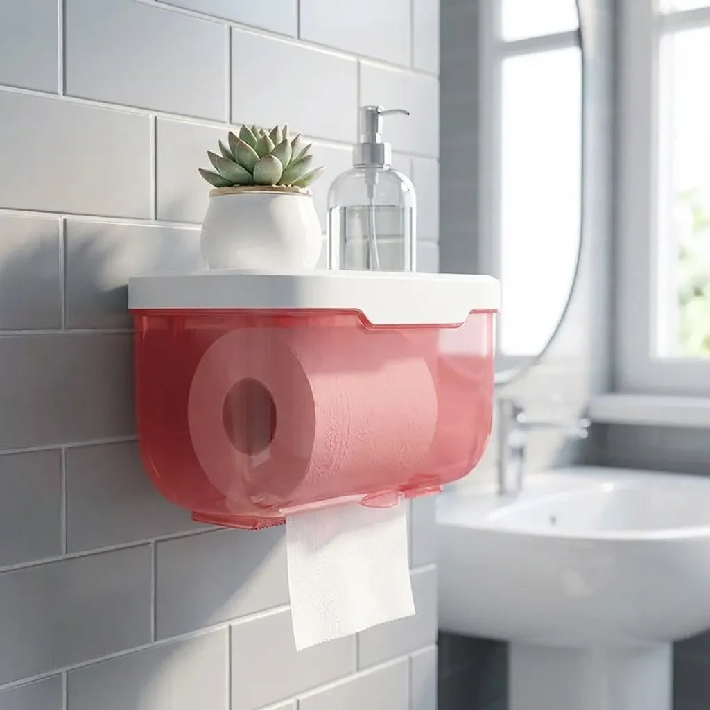 Bathroom wall tissue dispenser with pink-red translucent body and tissue roll