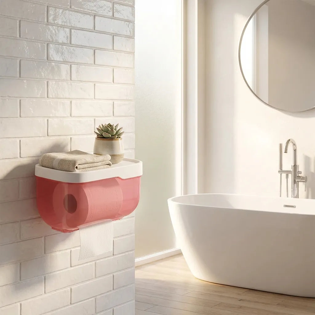 Wall tissue dispenser with pink-red translucent housing and front tissue outlet