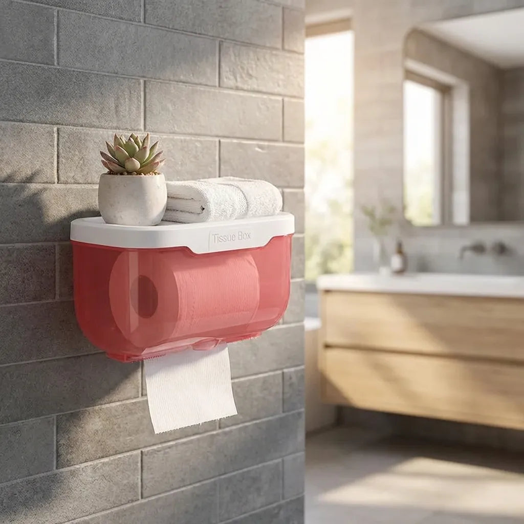 Wall-mounted tissue box with pink-red translucent front and spare towels on top